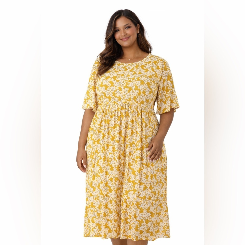 Rebdolls plus size 1X floral side slit maxi dress yellow short sleeve